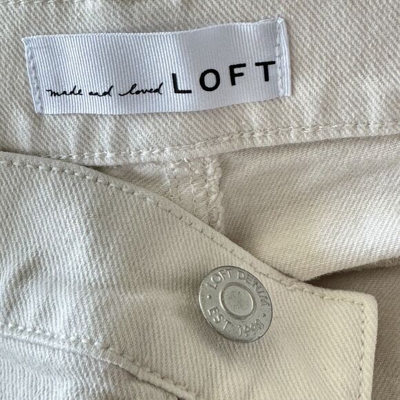 LOFT SZ 27/4 Straight Crop Jeans High-Rise Frayed Hems Zip-Fly Stretch Beige - Picture 8 of 10
